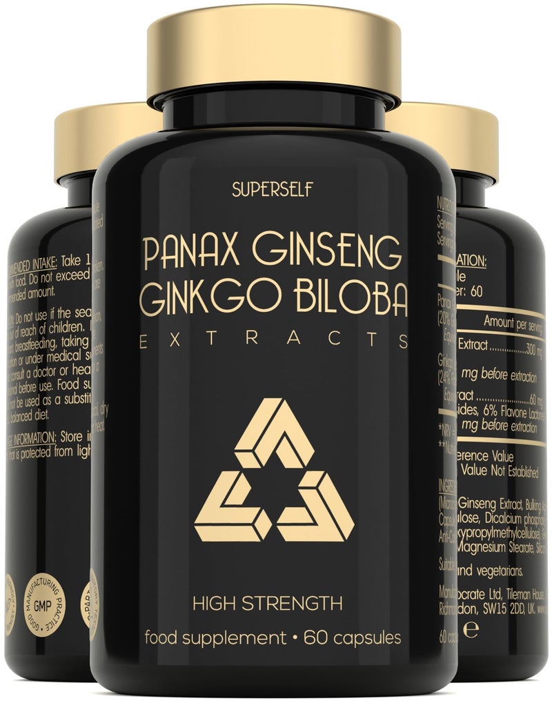 Panax Ginseng Capsules High Strength - 6000mg Korean Red Ginseng & Ginkgo Biloba for Natural Energy & Focus - Vegan & UK Made - 60 Tablets One-a-Day - Premium Ginseng Root Supplements for Men & Women